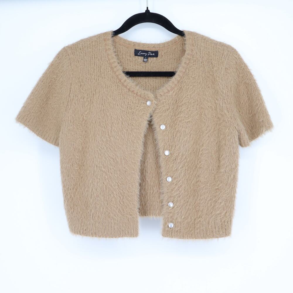 EMORY PARK Fuzzy Cropped Cardigan Tan Button Up Short Sleeve Mohair Women's L